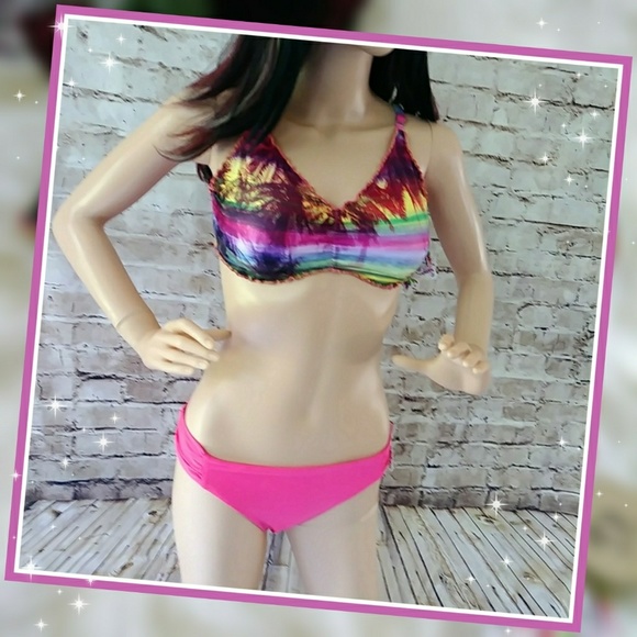 HP! Becca Yellow/Pink Palm Trees Swim Bikini Top - Picture 2 of 5